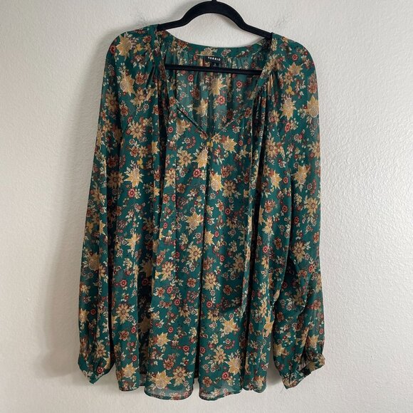 TORRID Plus 3X Green Floral Long Sleeve Blouse V Neck Tie Front Shirt Top - Picture 9 of 12